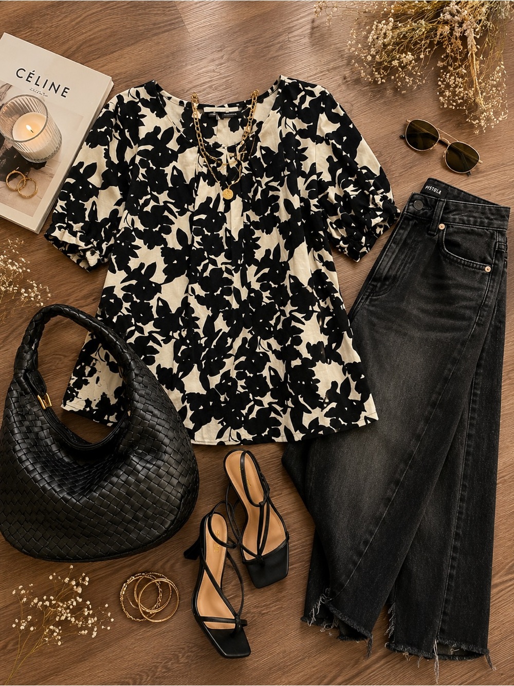 Apt. 9 Black & White Floral Scoop Neck Puff-Sleeve Top